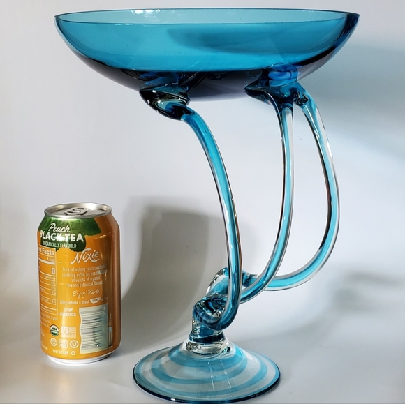 10 3/4" Tall Large Handcrafted Blown Art Glass Aqua Blue Jelly Fish🎐 Bowl 🇵🇱 - Picture 12 of 13